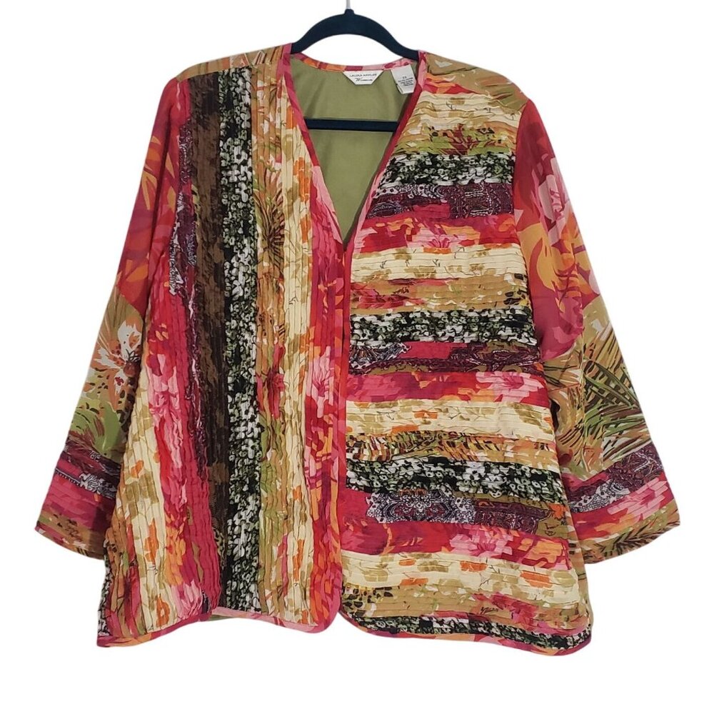 Laura Ashley‎ Womens 2X Floral Patchwork Open Front Jacket Wearable Art Artsy